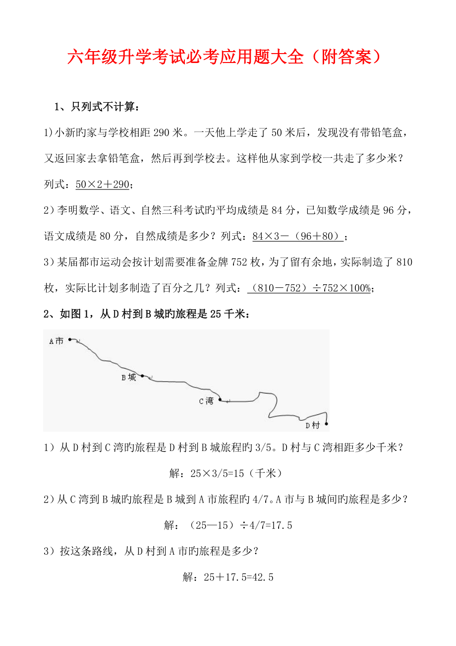 2023年六年级数学升学考试必考应用题大全附答案_第1页