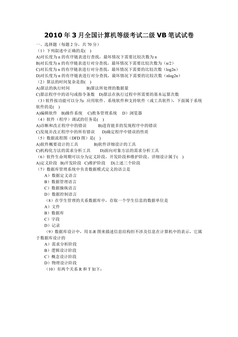 2011年3和9月月计算机等级考试二级-VB笔试真题及答案.doc_第1页