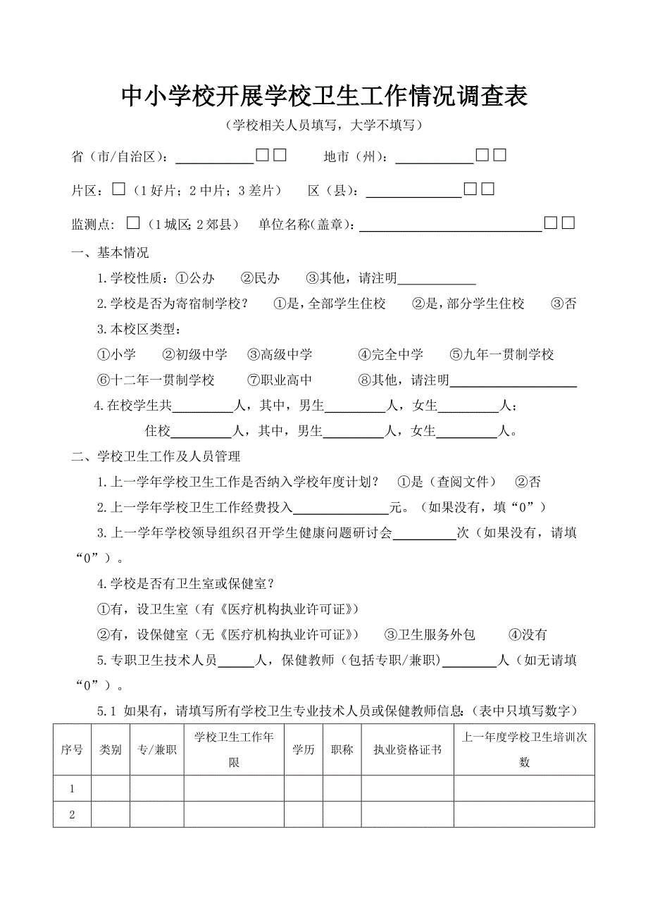 中小学校开展学校卫生工作情况调查表_第1页