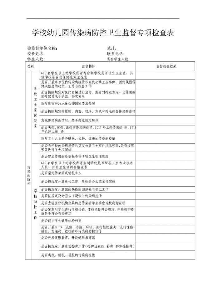 学校幼儿园传染病防控卫生监督专项检查表