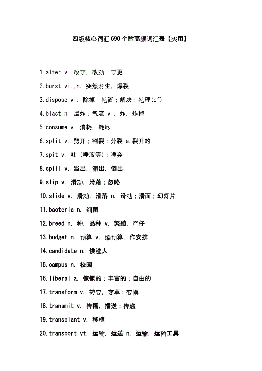 四级核心词汇690个附高频词汇表【实用】_第1页