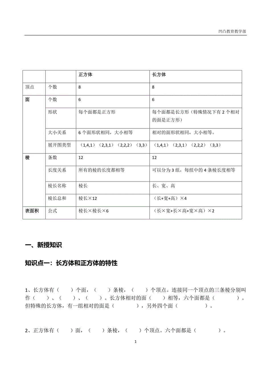 五年级上册长方体和正方体的表面积知识点+练习_第1页