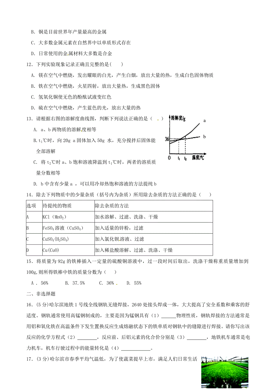 黑龙江省哈尔滨市松北区2013届初中化学升学调研测试试题（一）_第3页