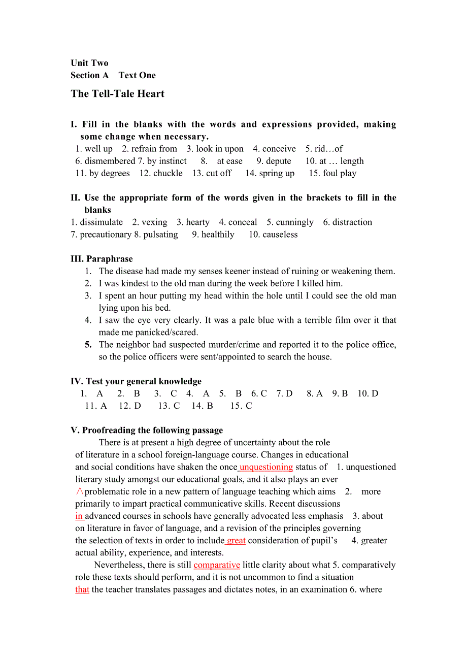 高级英语答案 答案 unit 2 文学.doc_第1页