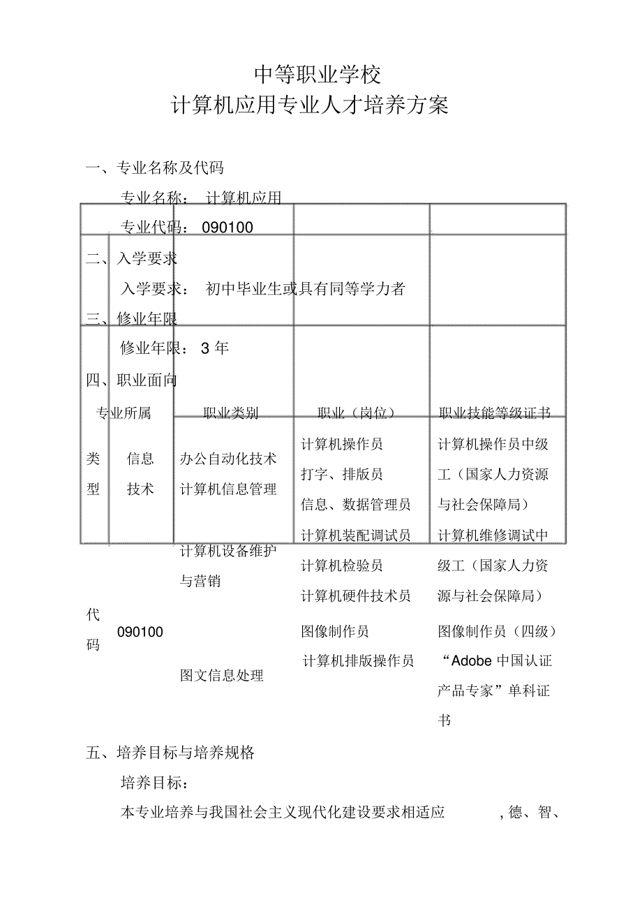 中等职业学校计算机应用专业人才培养方案_第1页