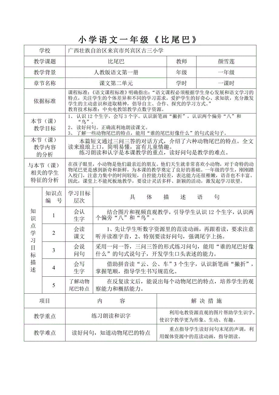 古三小学颜雪莲《比尾巴》课堂教学设计表_第1页