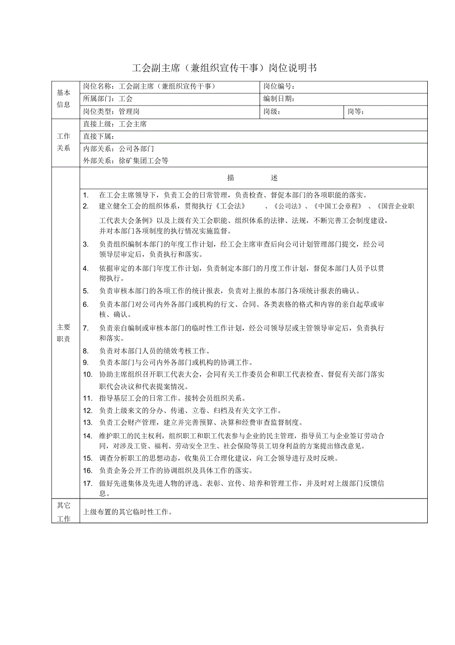 工会副主席(兼组织宣传干事)岗位说明书_第1页