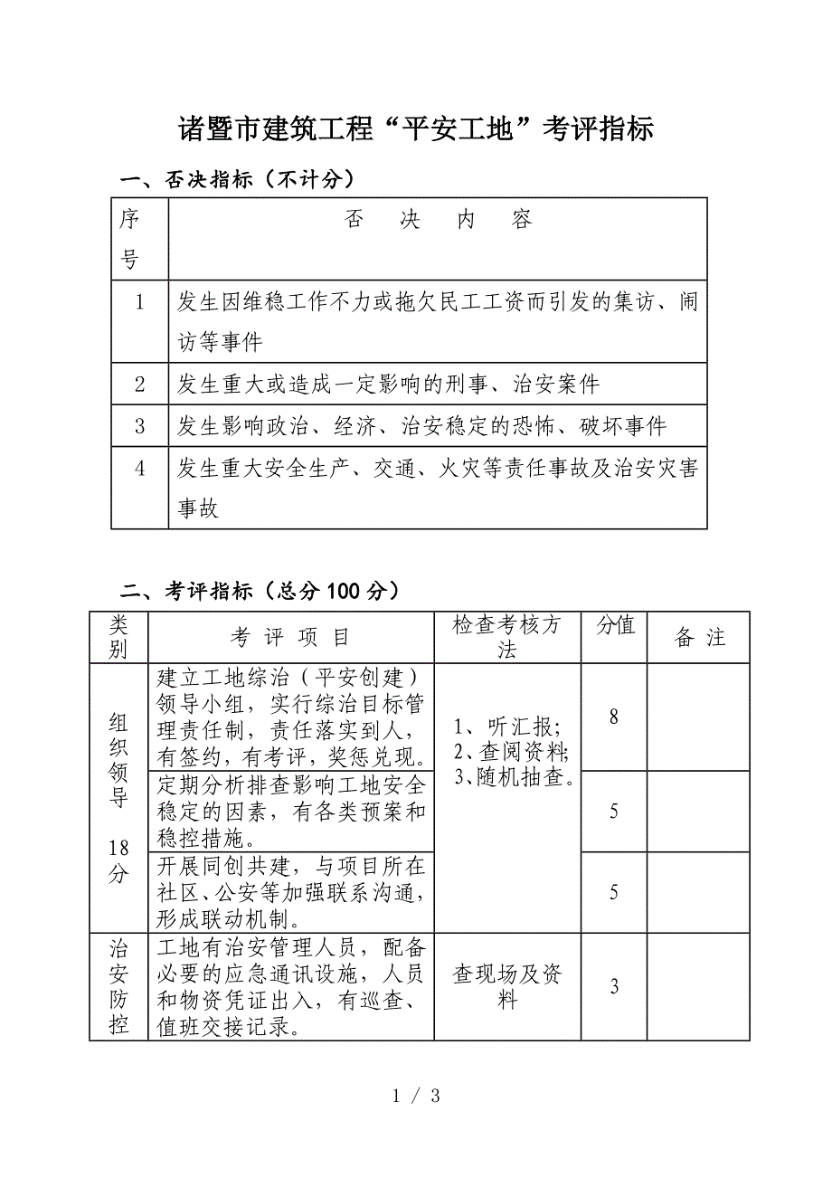 诸暨市建筑工程“平安工地”考评指标_第1页