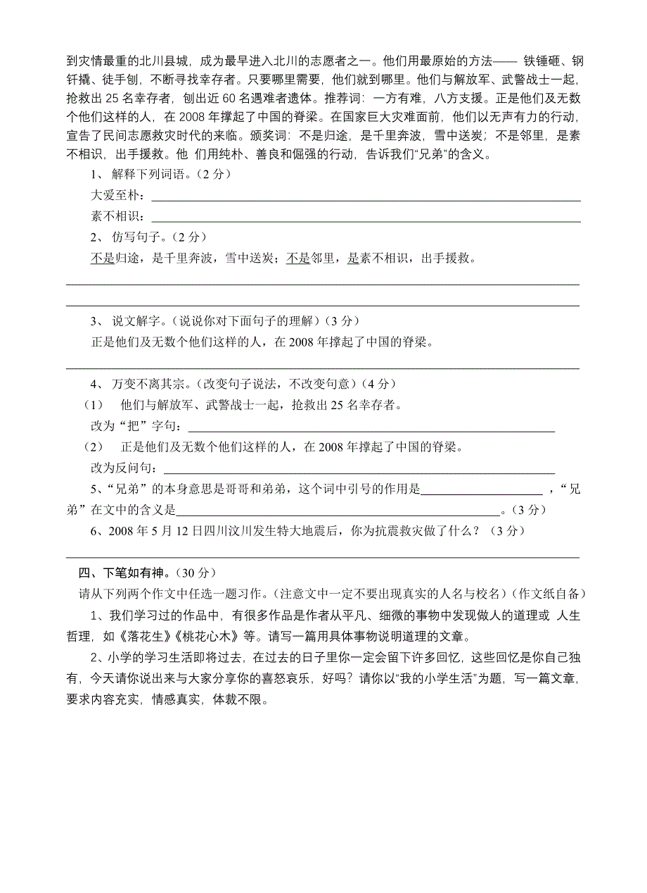 小学语文毕业试题10_第4页