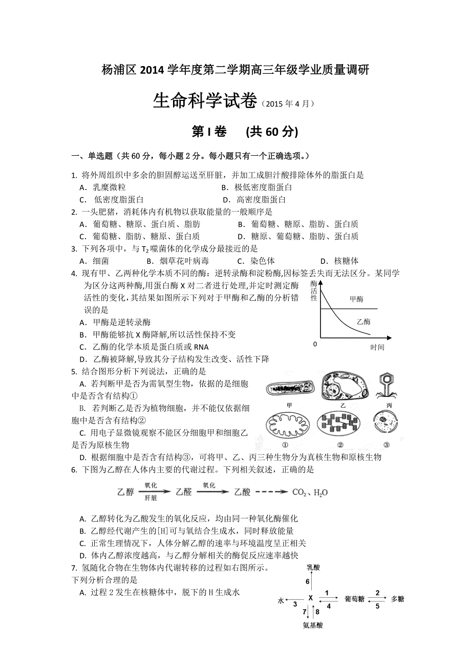 上海市杨浦区高三下学期学业质量调研生物试题Word版含答案_第1页