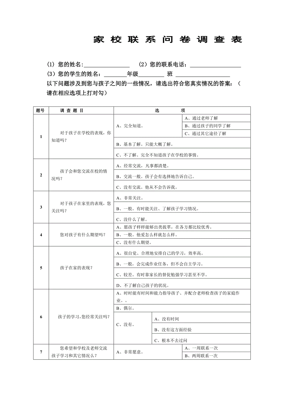 家校联系调查问卷 (2)_第1页