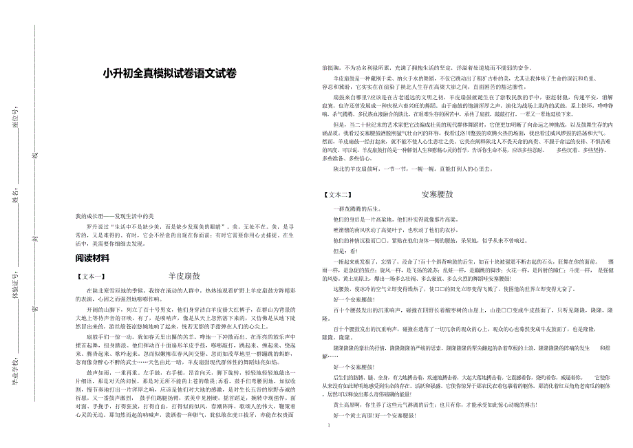 部编版2021年六年级下册语文小升初全真模拟试卷_第1页