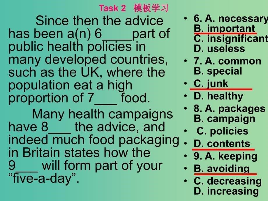 高考英语 话题式精析完型填空解题技巧和解题方法 Topic8 Food and Drink课件.ppt_第5页