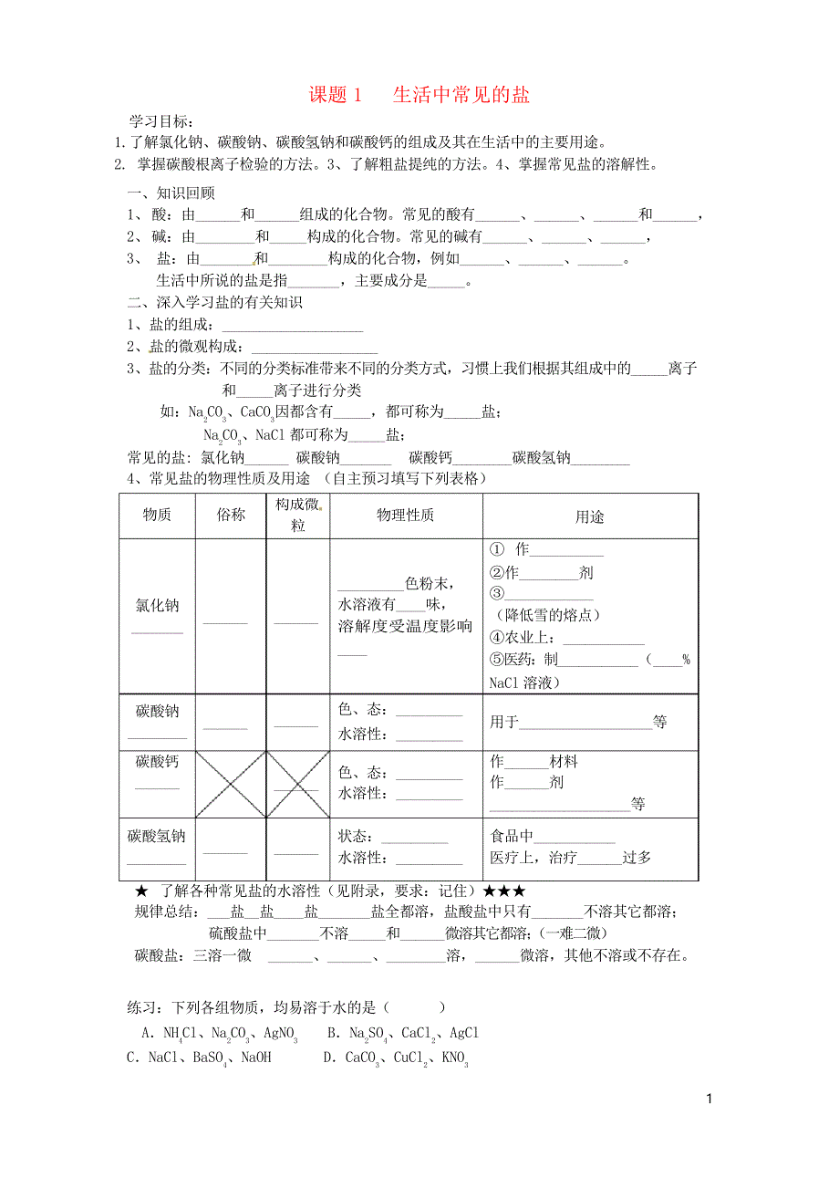 人教版初三九年级化学下册第十一单元生活中常见的盐学案_第1页