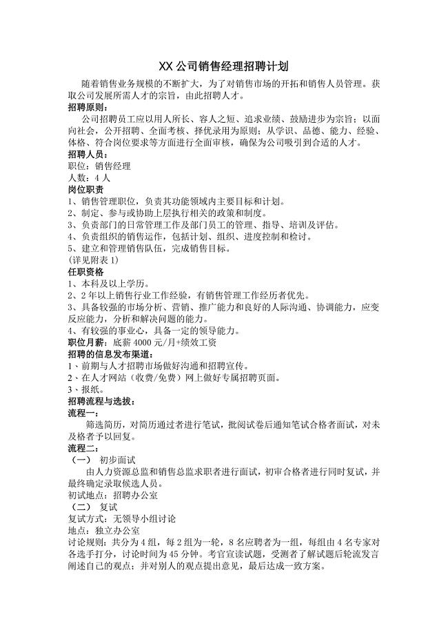 XX公司销售经理招聘计划.doc