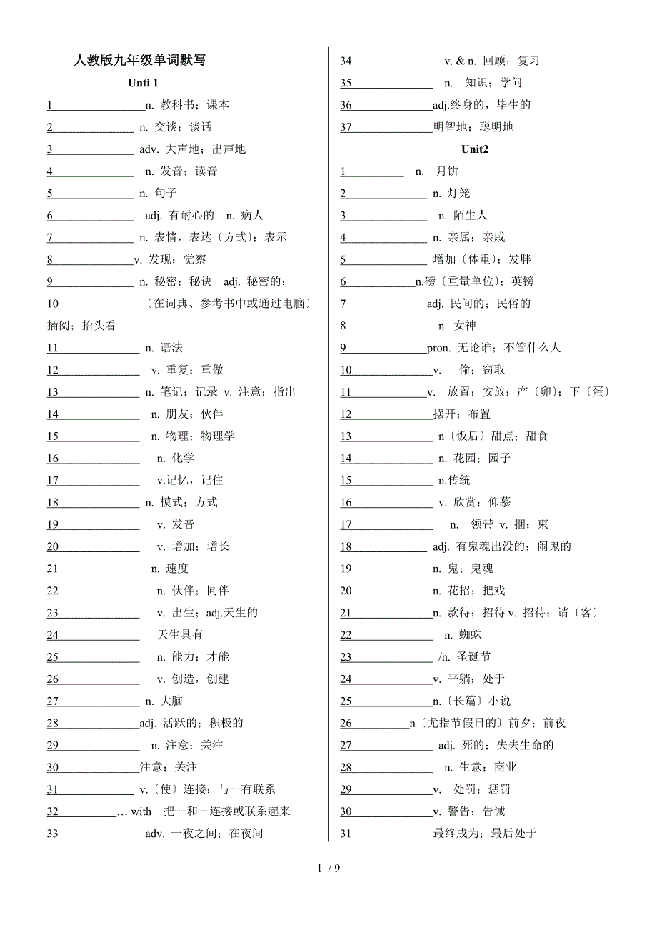 九年级英语单词默写表_第1页