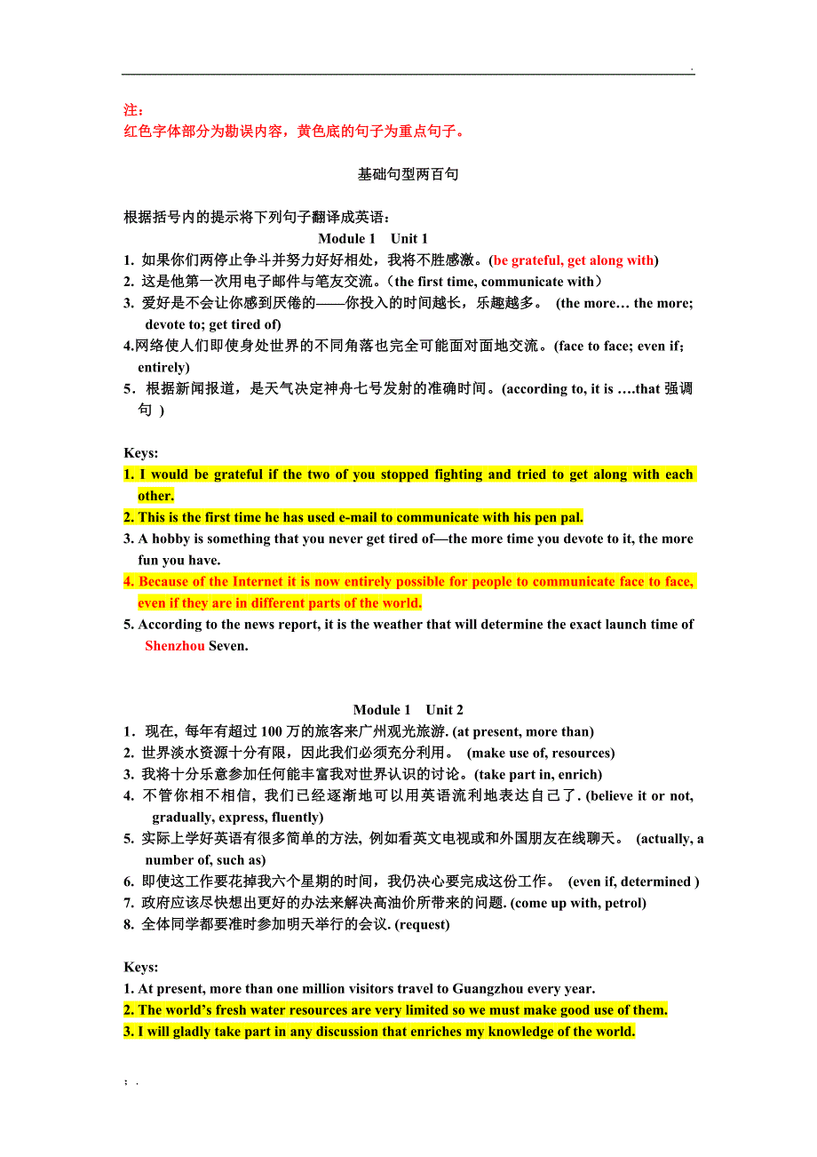 修改版英语基础句型200句人教版英语必修1至必修5句子翻译练习答案_第1页