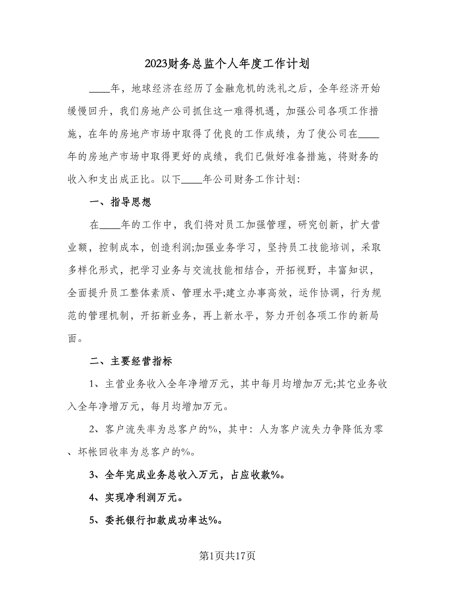 2023财务总监个人年度工作计划（5篇）_第1页