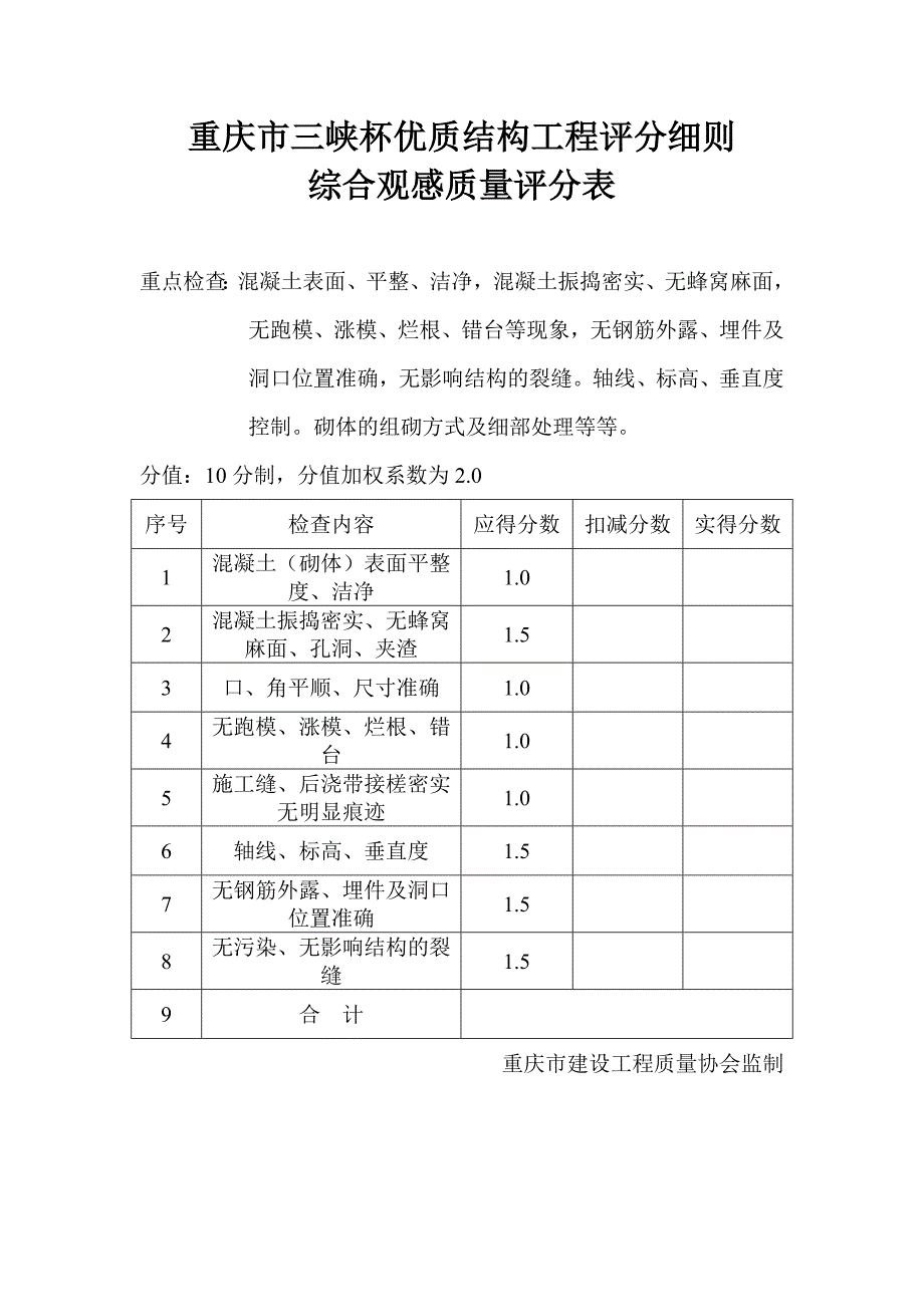 重庆市三峡杯优质结构工程检查表(一)_第3页