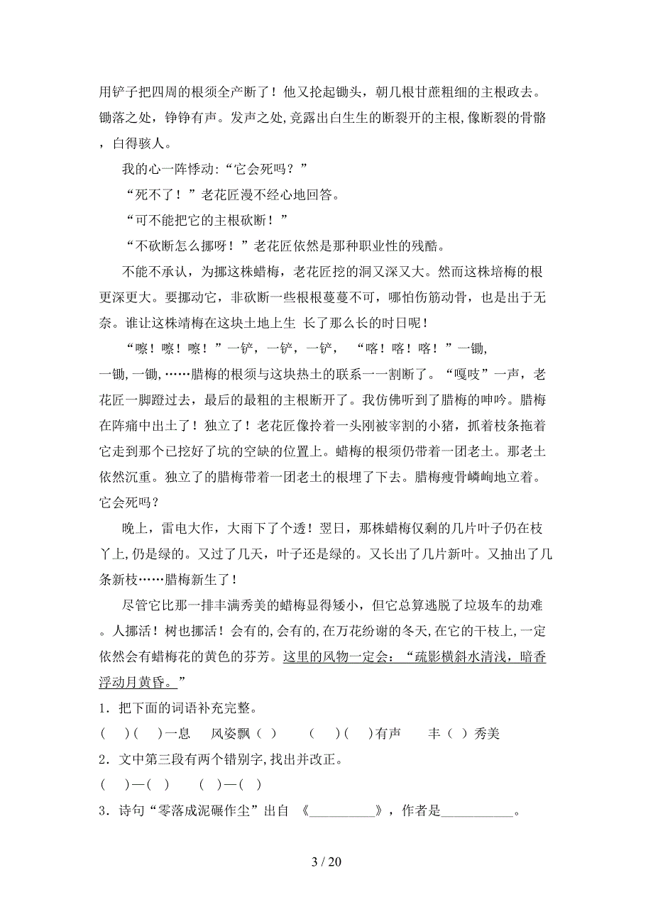 六年级浙教版语文上册阅读理解专项提升练习_第3页