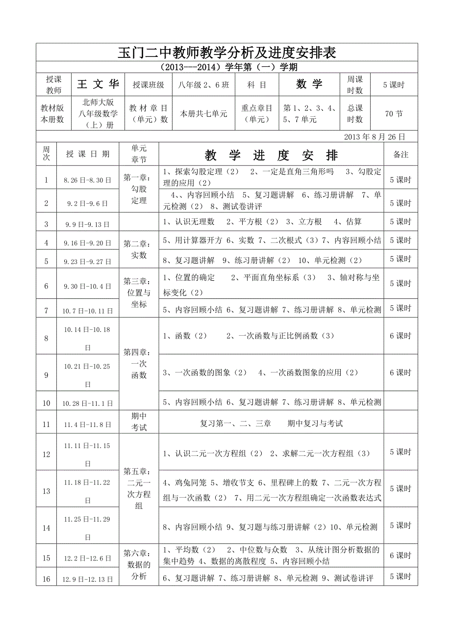 新北师大版八年级数学上册教学分析及进度安排表_第1页