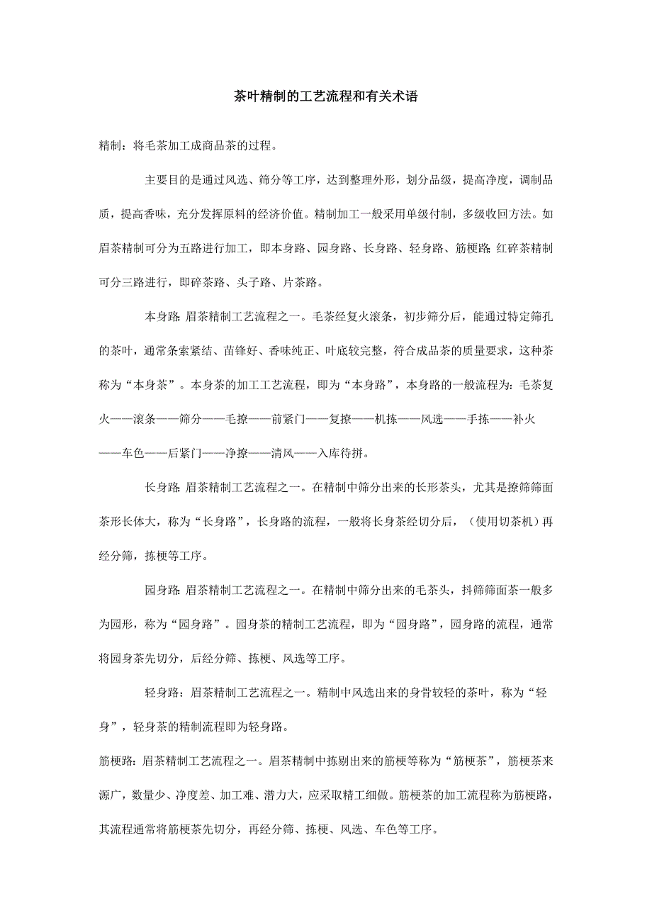 茶叶精制的工艺流程和有关术语_第1页