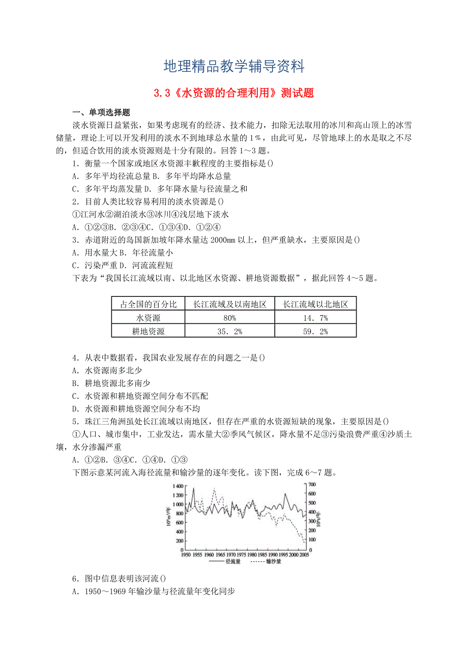 【精品】【人教版】高中地理必修一：3.3水资源的合理利用测试题含答案_第1页