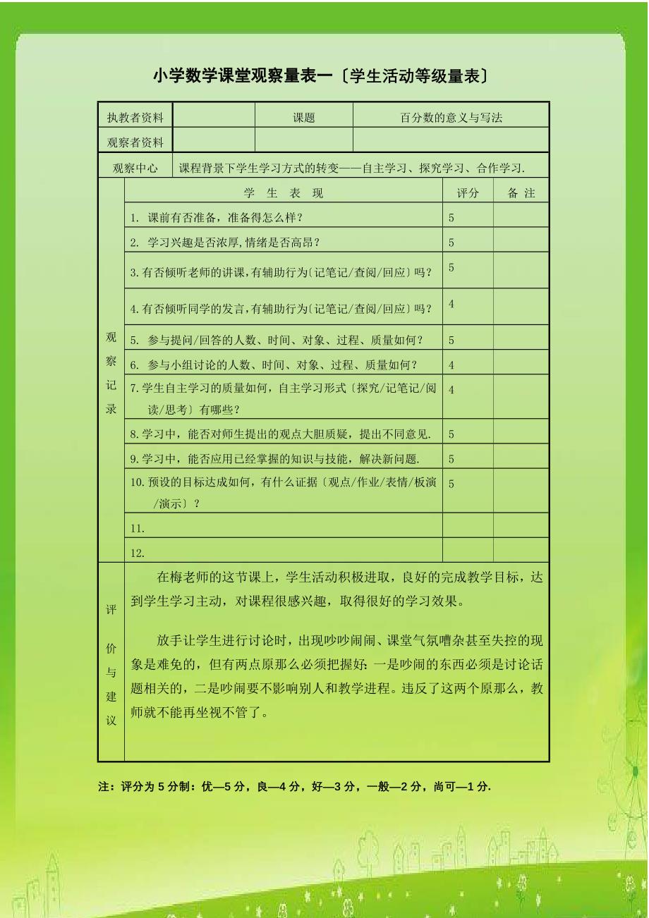 小学数学课堂教学观察量表和评课报告_第1页