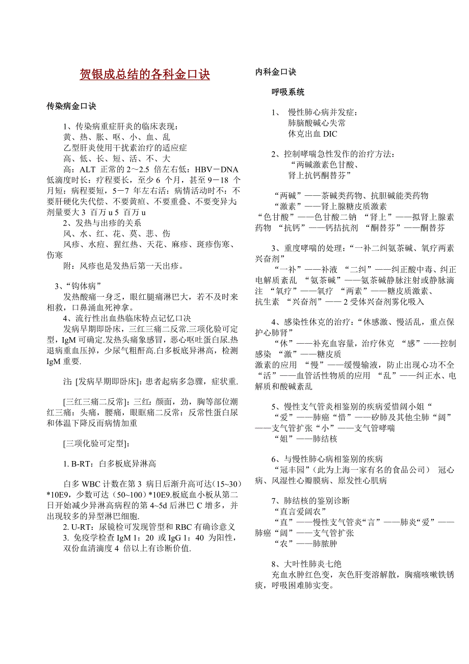 贺银成总结的大内科主治考试金口诀_第1页