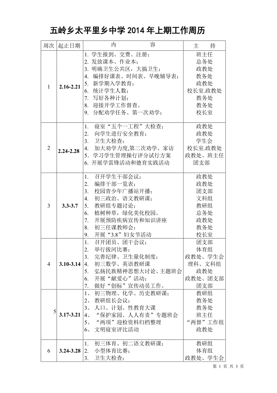 五岭乡太平里乡中学2014年上期工作周历.doc_第1页