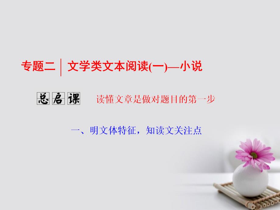 高考语文一轮复习第一板块现代文阅读专题二文学类文本阅读一小说总启课读懂文章是做对题目的第一步课件新人教版_第1页