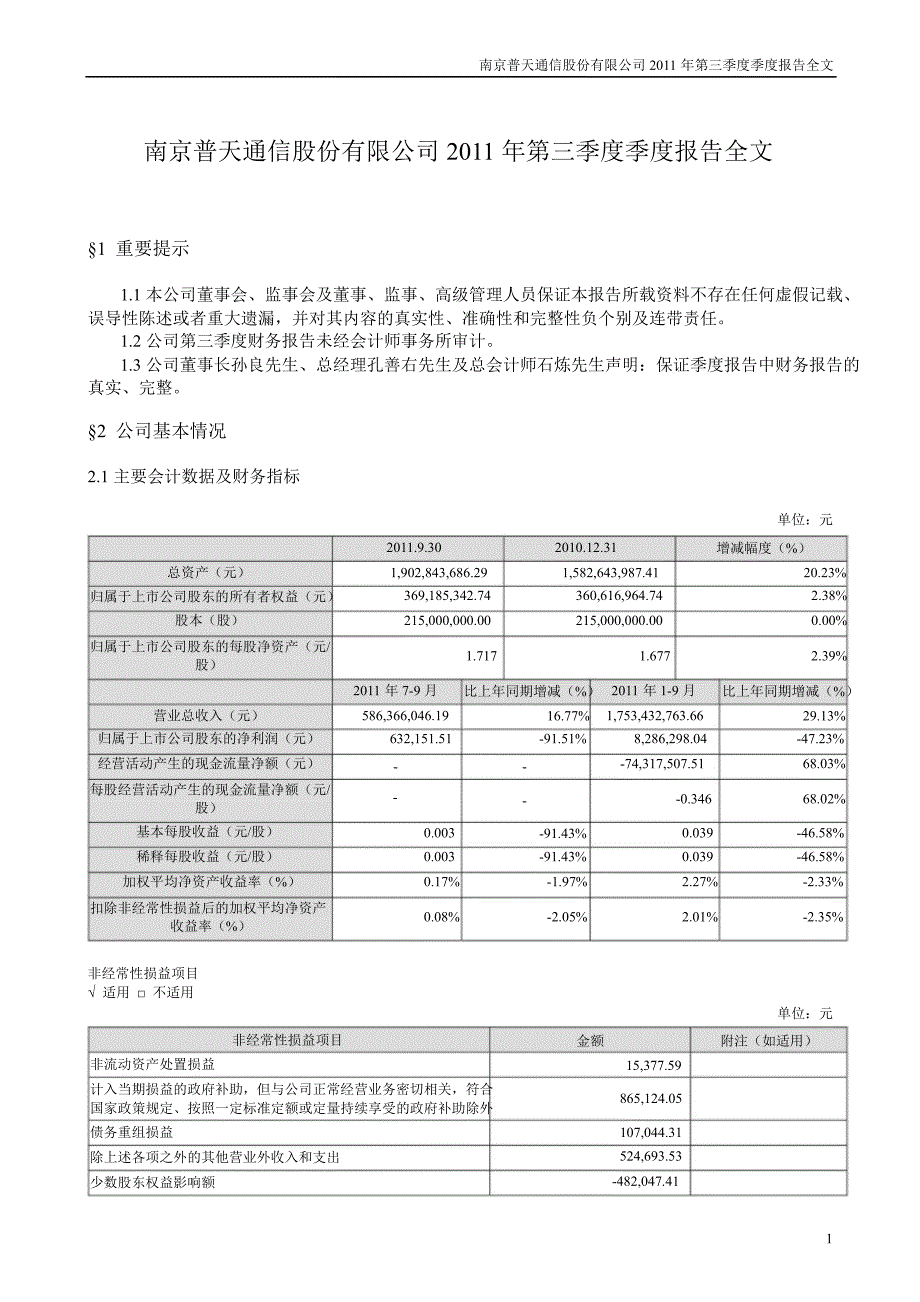 宁通信Ｂ：第三季度报告全文_第1页