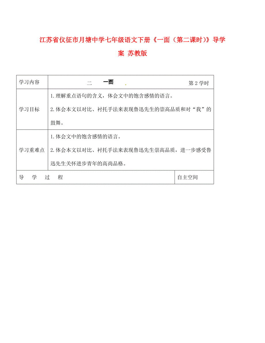 江苏省仪征市月塘中学七年级语文下册一面第二课时导学案无答案苏教版_第1页