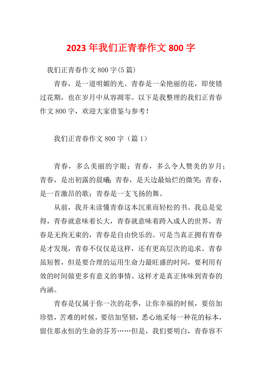 2023年我们正青春作文800字_第1页