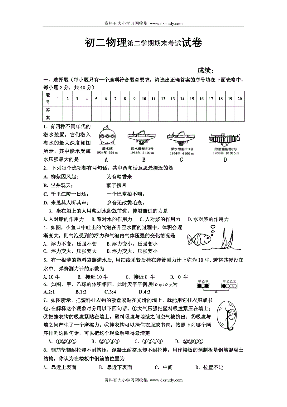 八年级下物理期末试卷苏教版_第1页