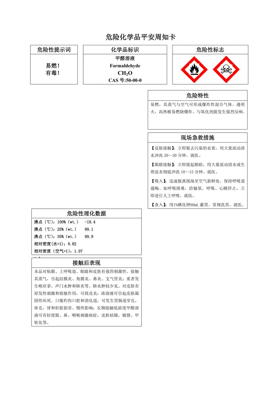 危险化学品甲醛溶液安全周知卡_第1页