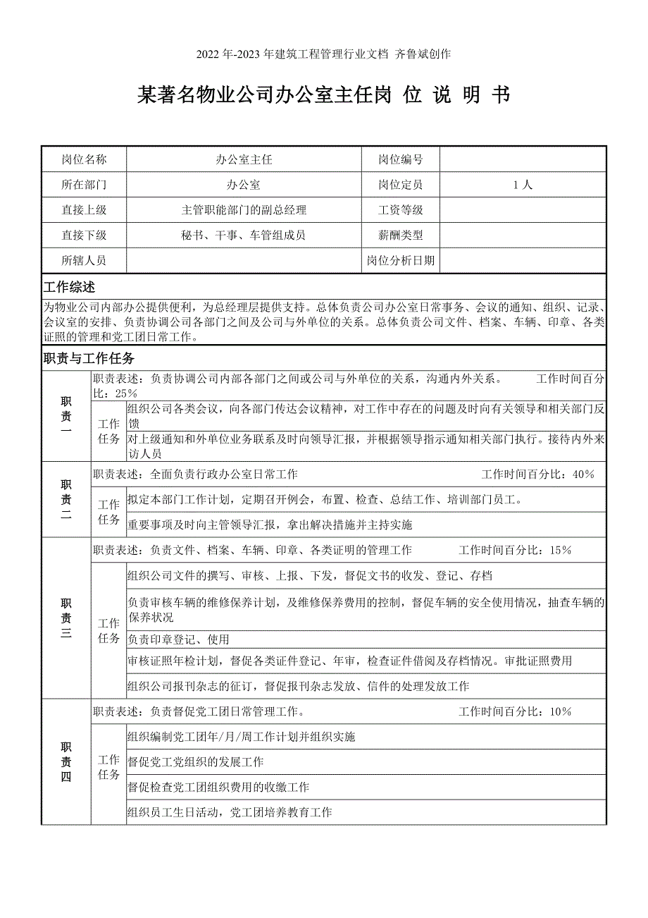 某著名物业公司办公室主任岗位说明书_第1页