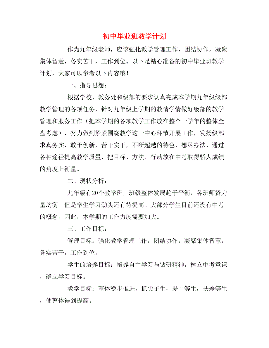 2020年初中毕业班教学计划.doc_第1页