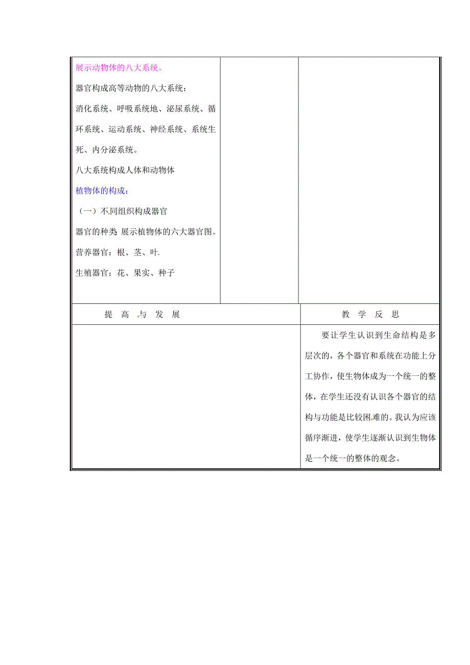 七年级生物上册第二单元生物体的结构第4章生物体的结构层次4.2生物体由器官和系统组成教案新版北师大版_第3页