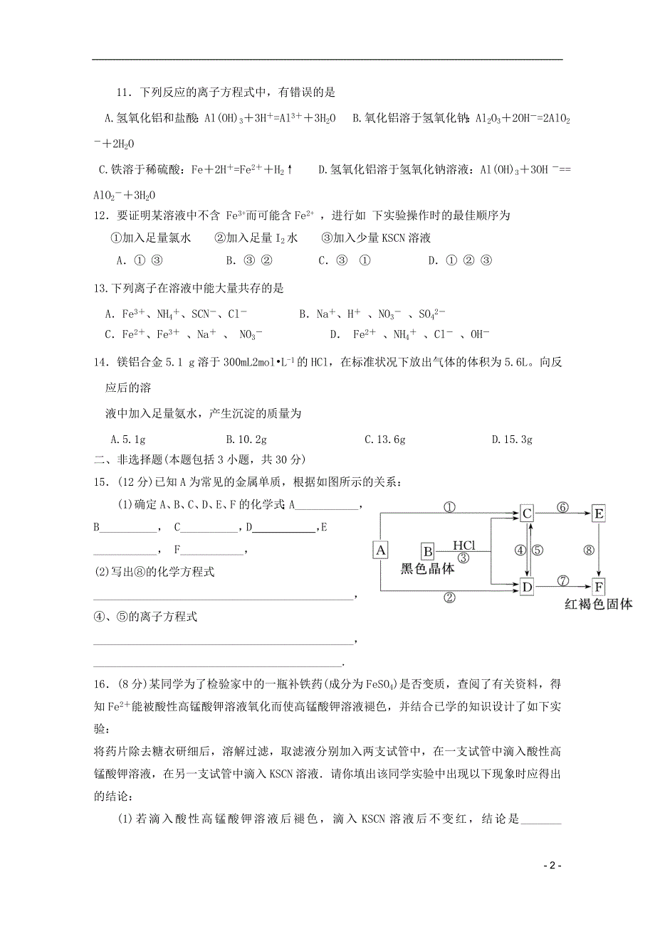 江苏省高一化学 周练十 铁 铜及其化合物_第2页