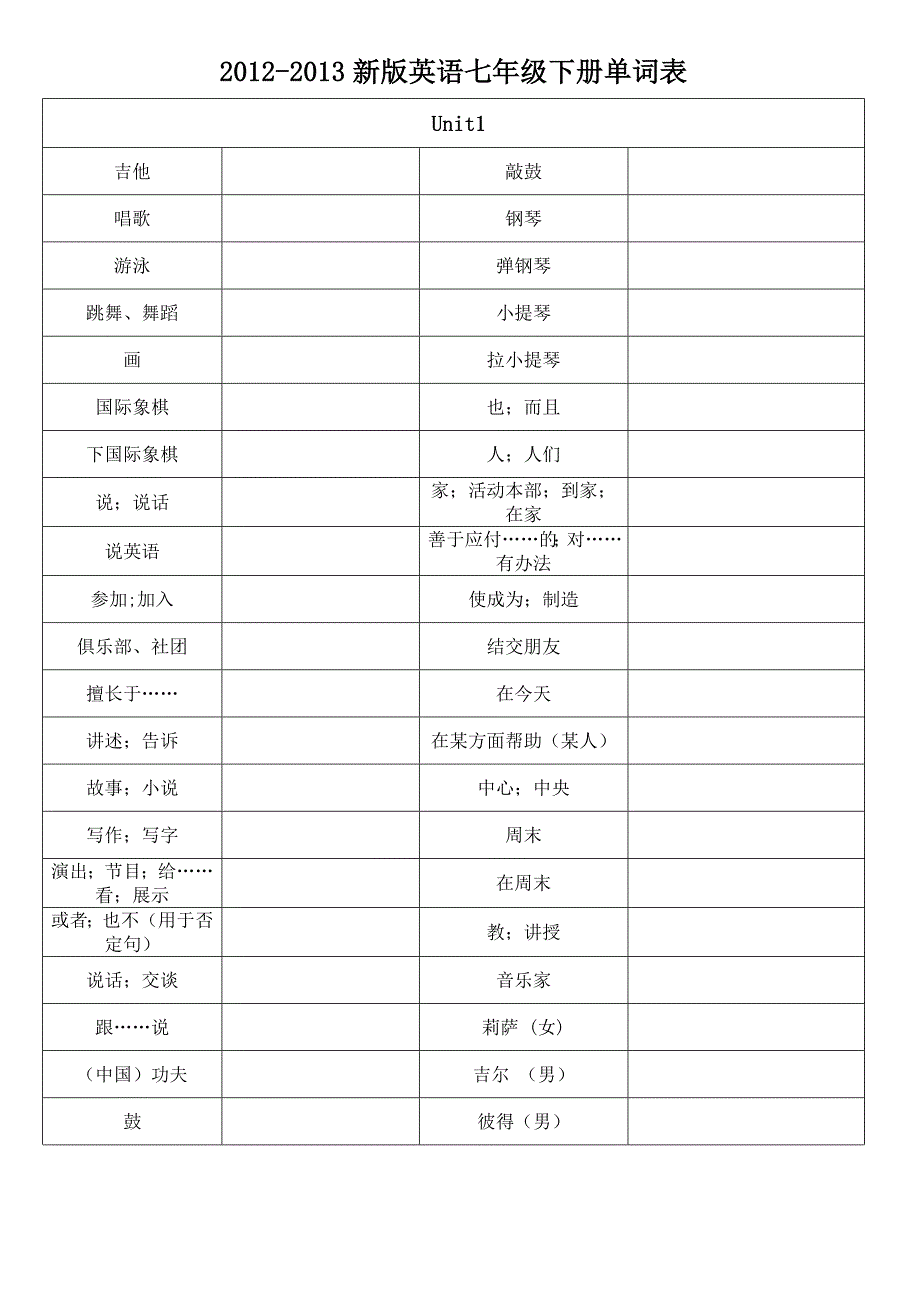 2012人教版英语七年级下册单词语默写英语表(纯汉语)河北_第1页