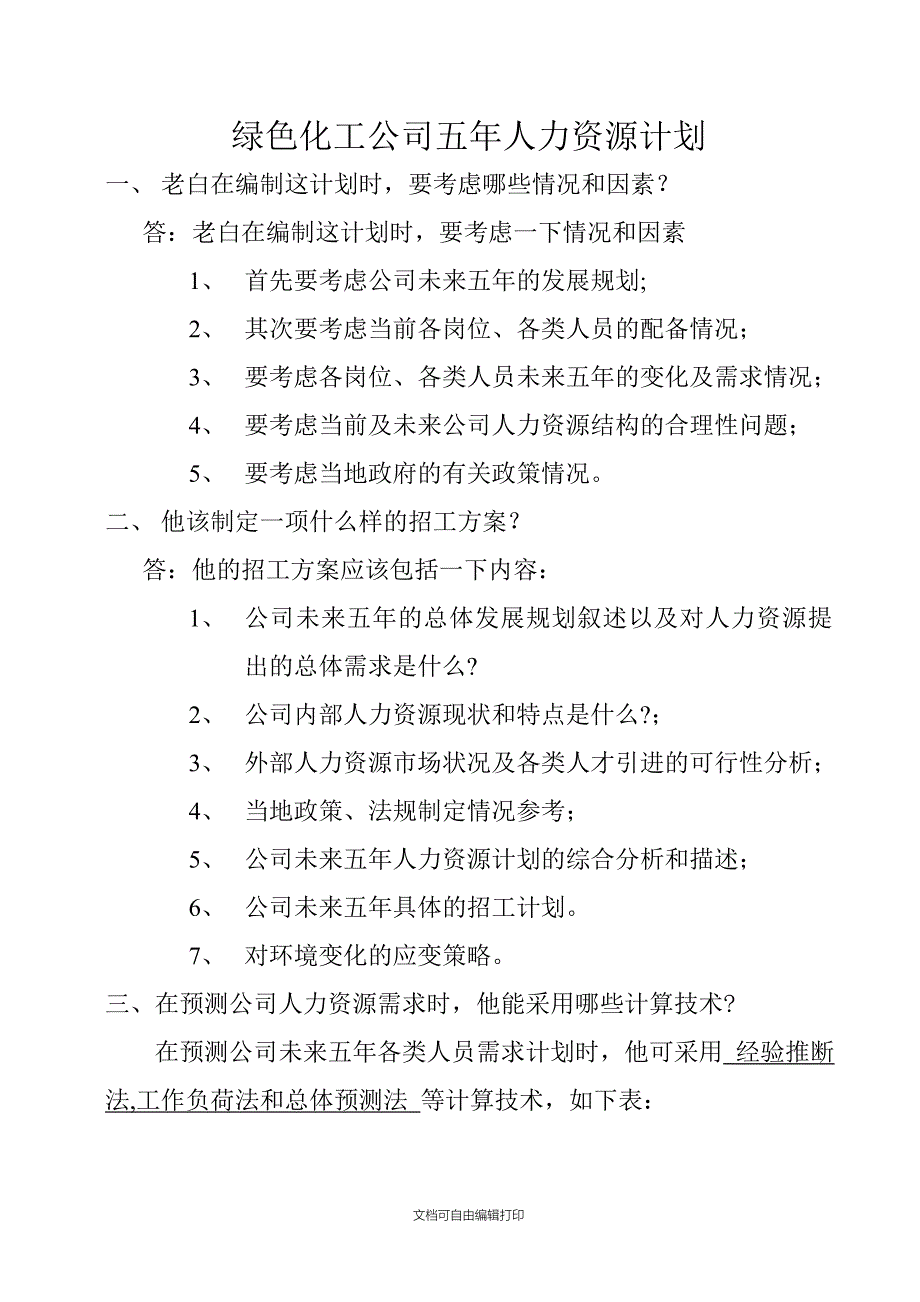 绿色化工公司五年人力资源计划_第1页