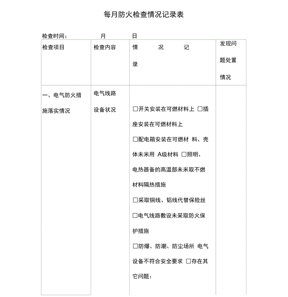 消防安全每月防火检查情况记录表_第1页