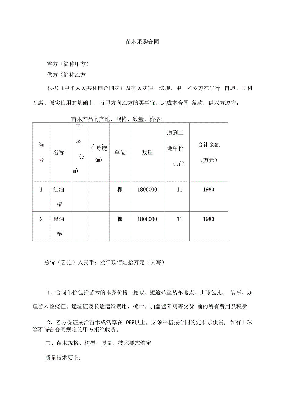 苗木采购合同范本_第1页