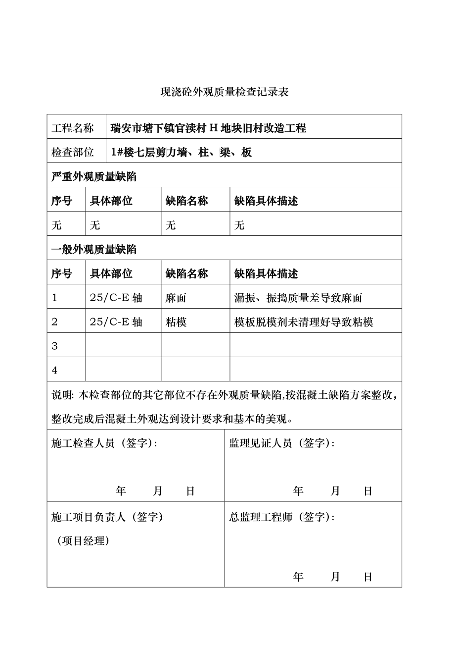 瑞安市塘下镇123#现浇砼外观质量检查记录表_第1页