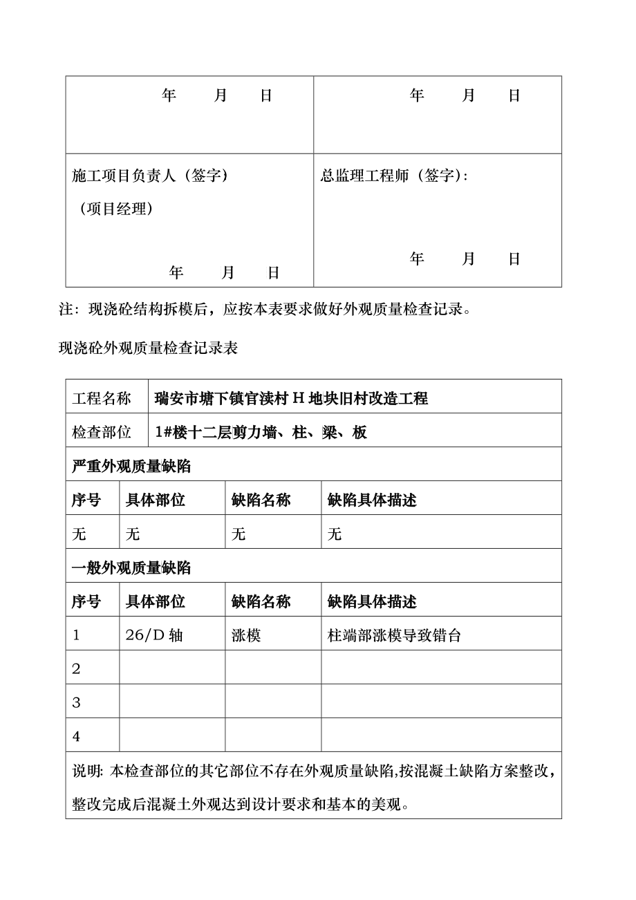 瑞安市塘下镇123#现浇砼外观质量检查记录表_第4页