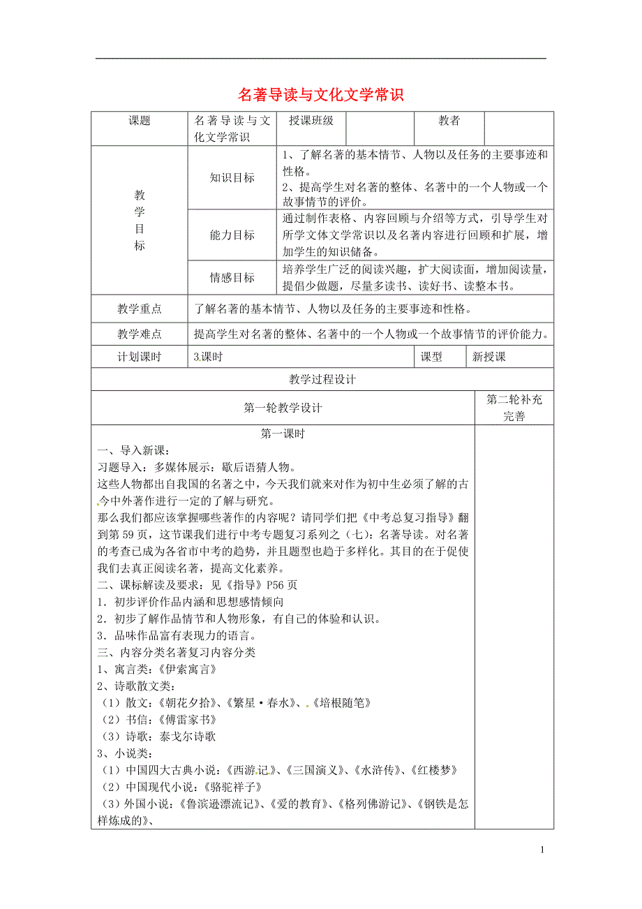 甘肃省武威市凉州区永昌镇和寨九制学校中考语文名著导读复习教案_第1页