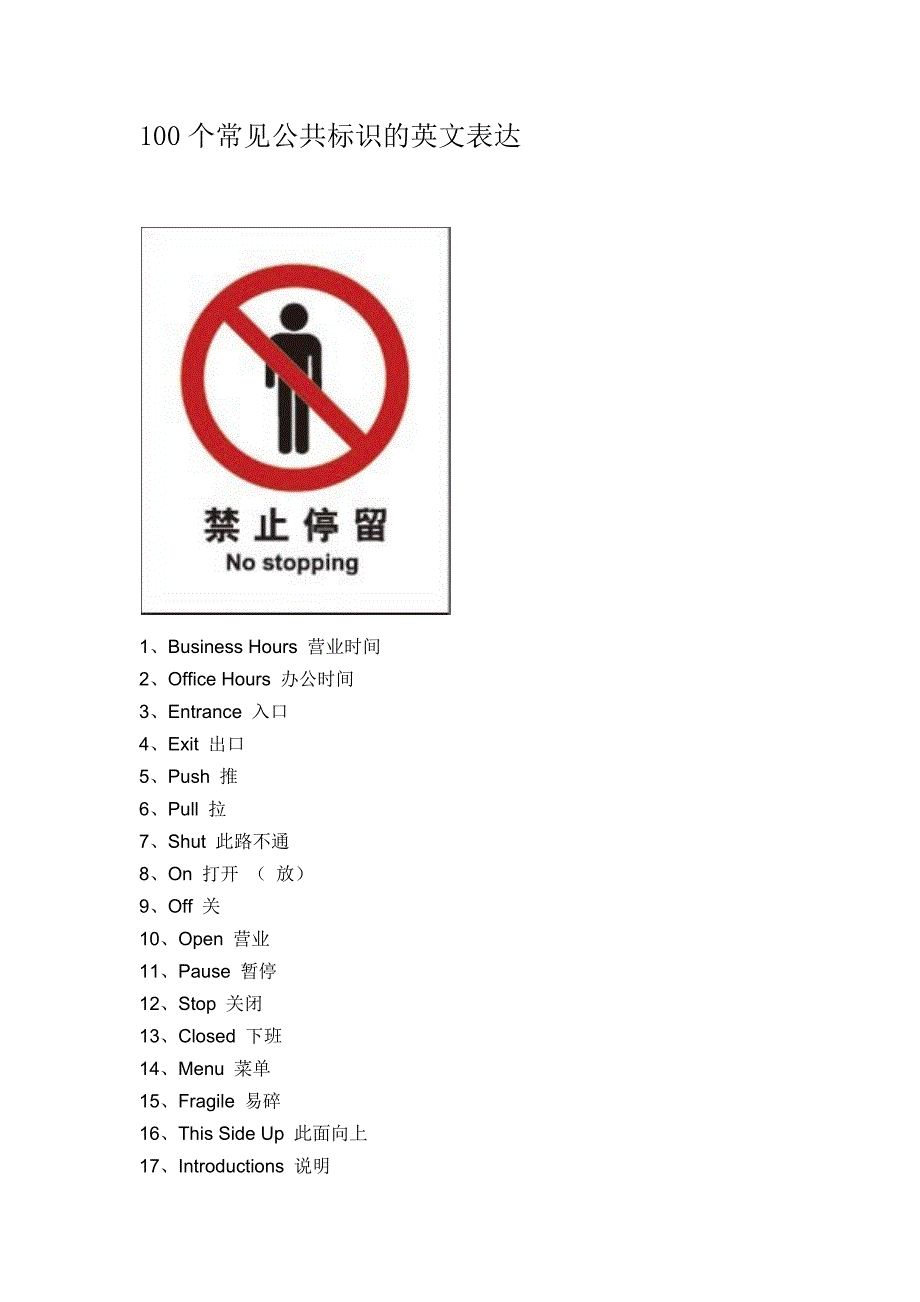 100个常见公共标识的英文表达_第1页