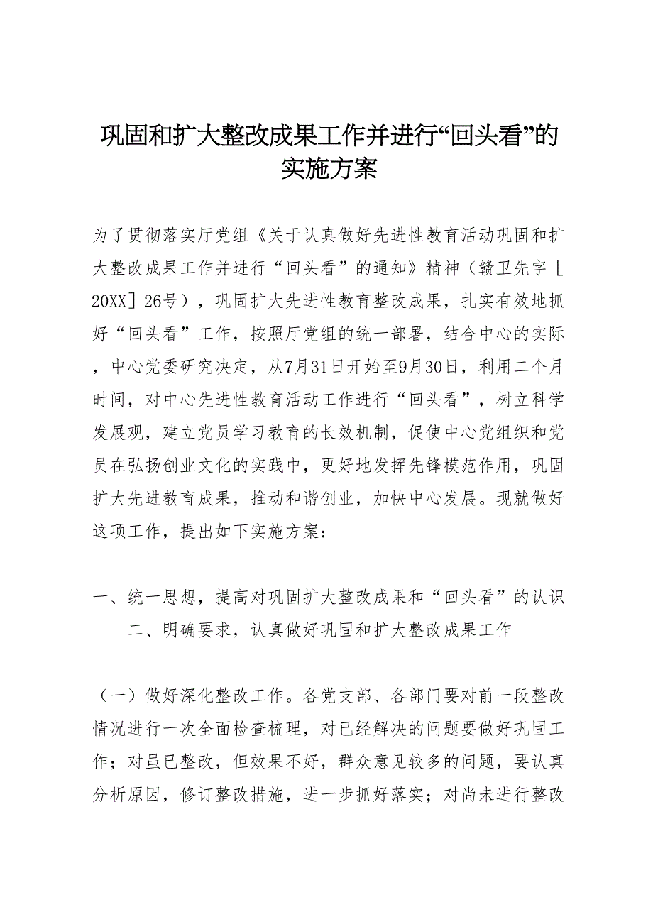 巩固和扩大整改成果工作并进行回头看的实施方案_第1页