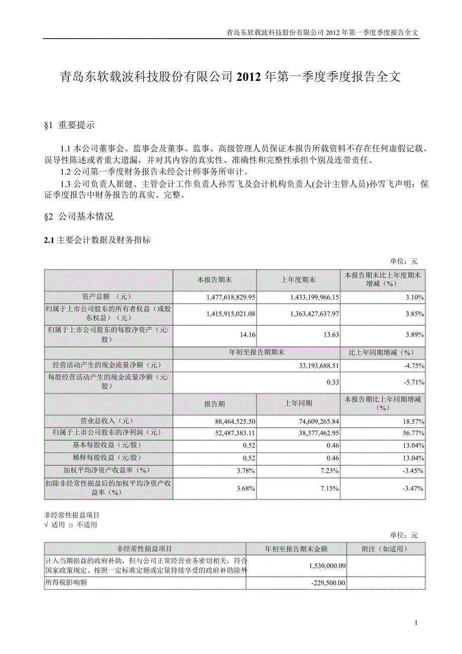 东软载波：第一季度报告全文_第1页